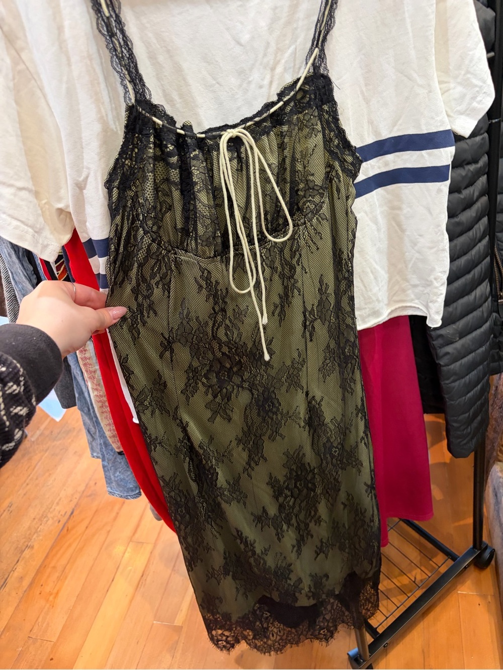 Olive Green Lace-Overlay Slip Dress